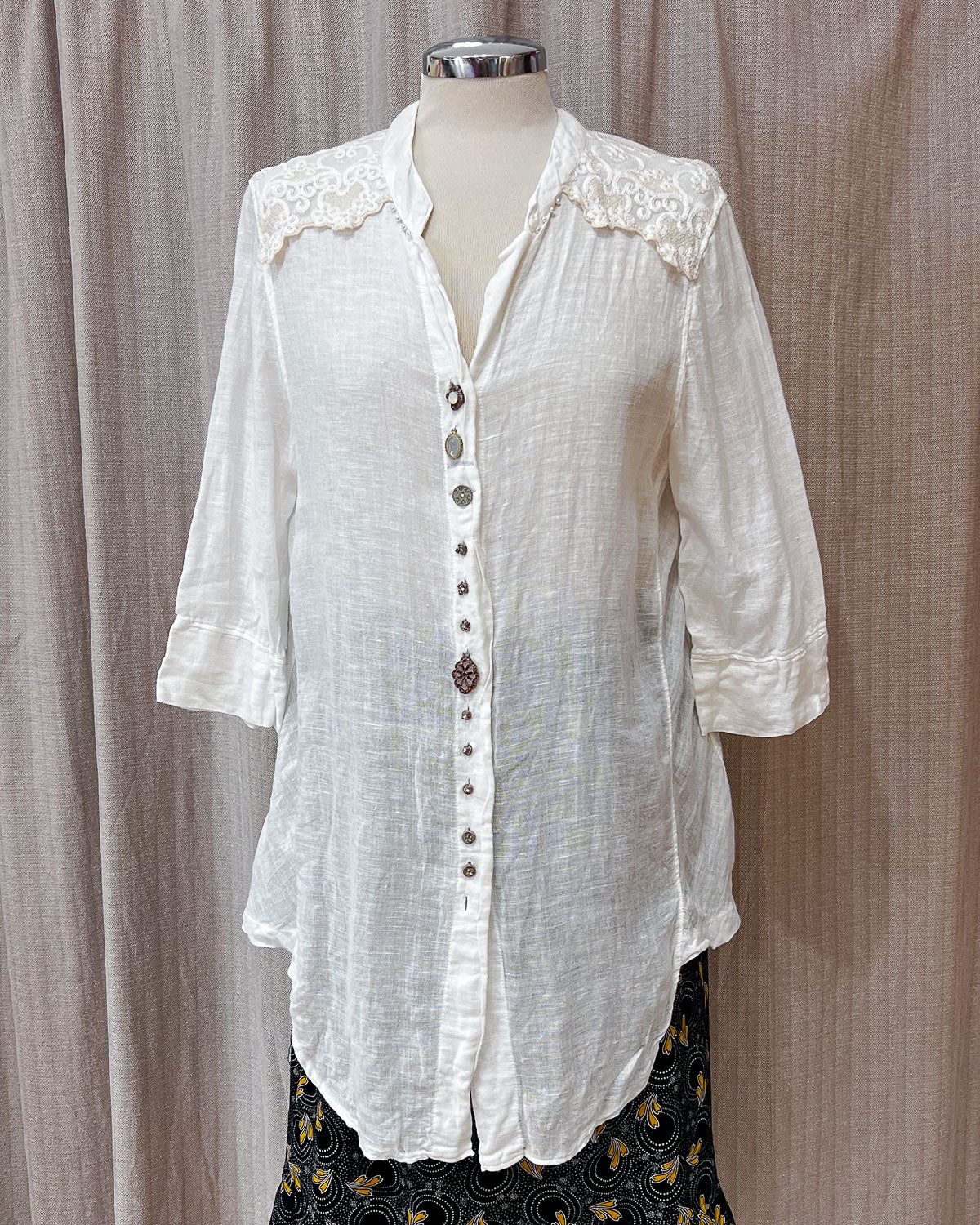 Vestito In Misto Lino Con Bottoni Gioiello  S/M