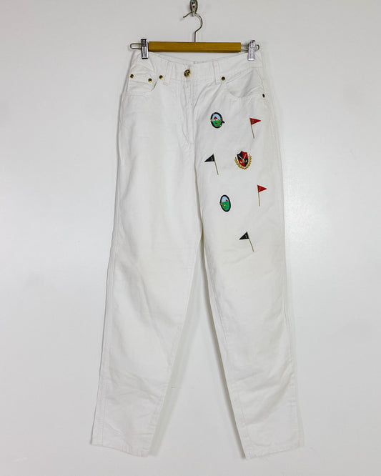 Jeans Bianco Vita Alta con Toppe Taglia 42